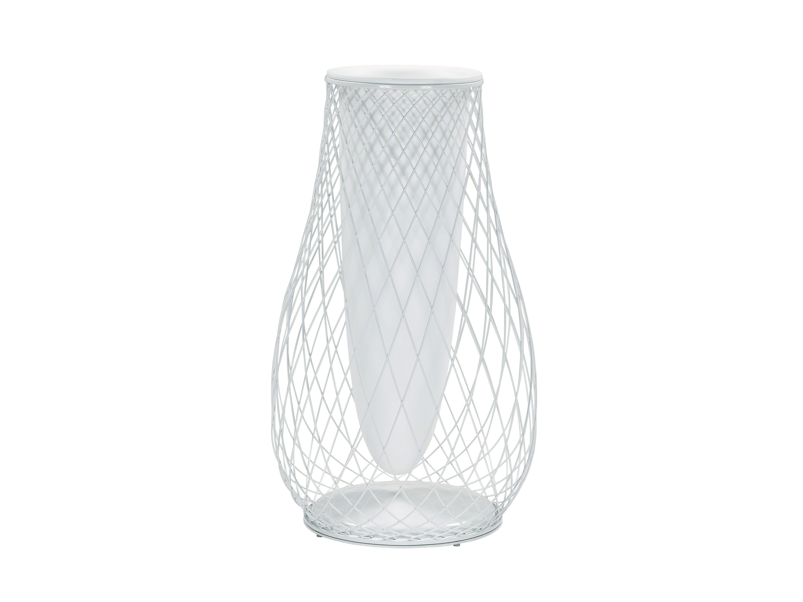 A big outdoor white metal mesh vase by Coalesse