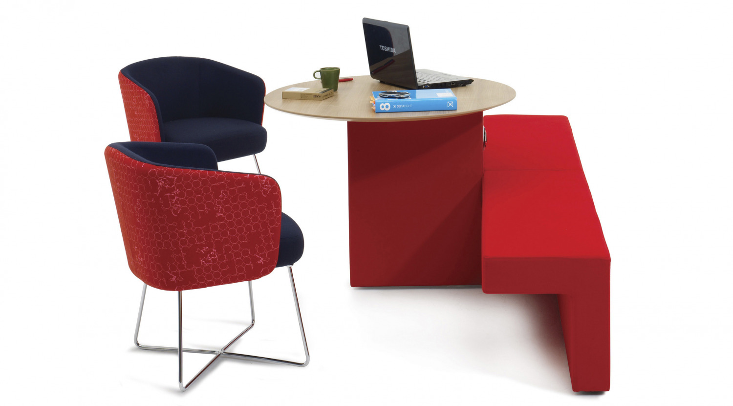 red chairs and bench