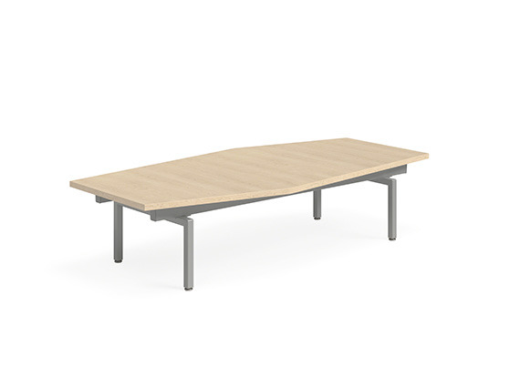 White background image with a semi rectangular wooden table