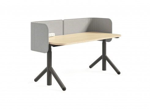 Steelcase Flex Height-Adjustable Desk with gray screen and black legs on-white background.