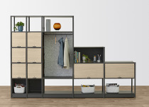 Flex active frame storage with coats hangers, shelfs