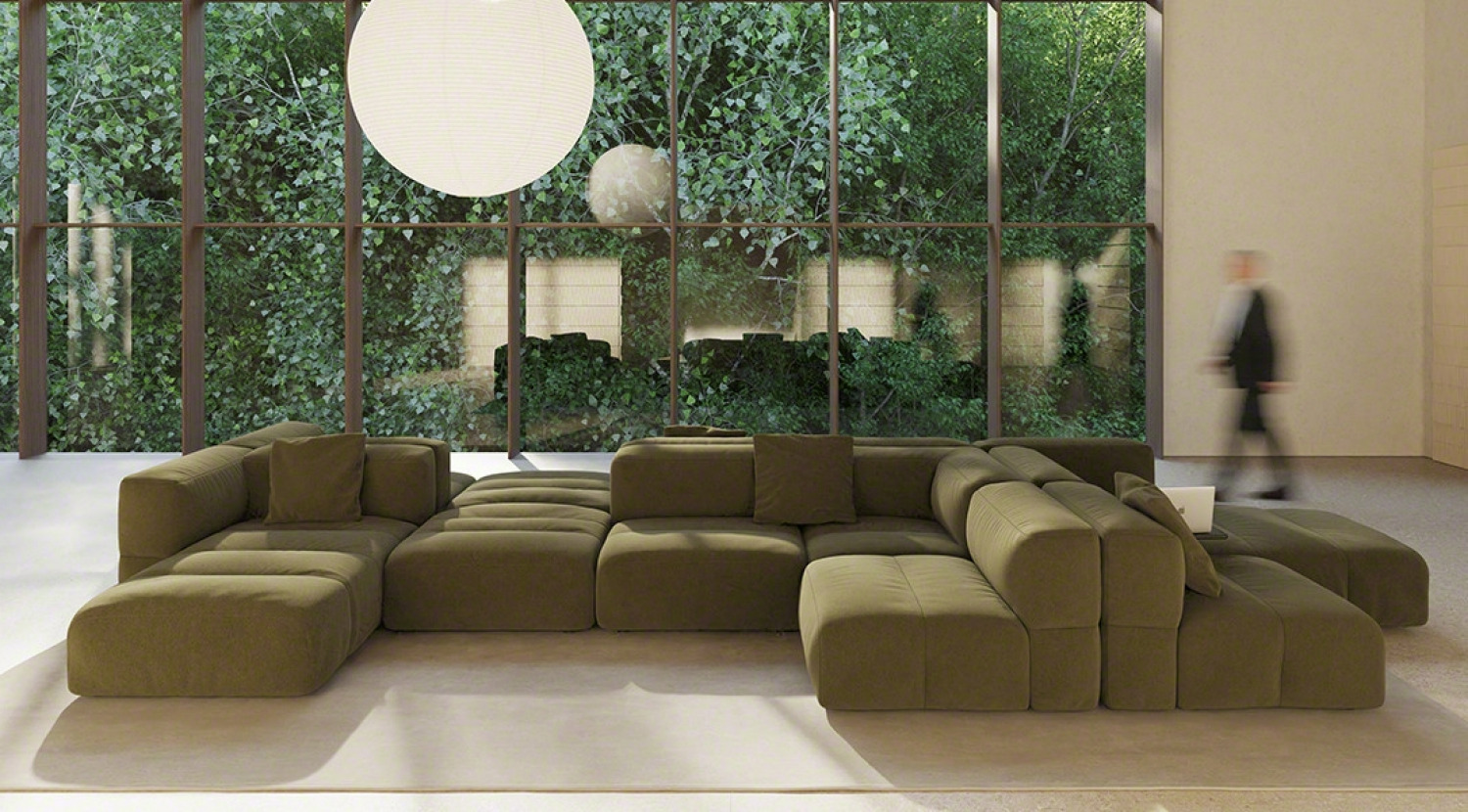 green setting with an olive savina sofa