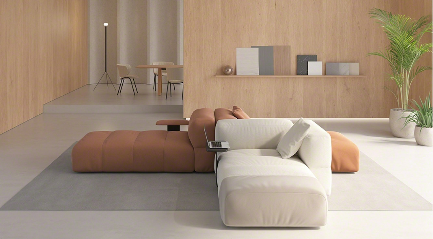 two savina sofas, beige and brown