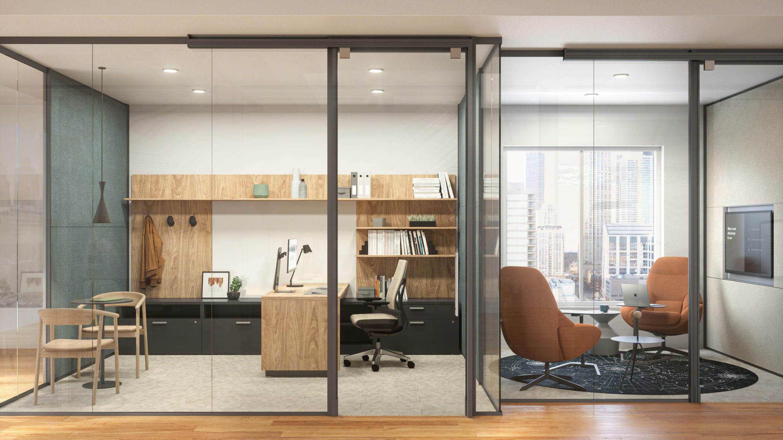 private enclaves with glass doors and slim leg height adjustable desk