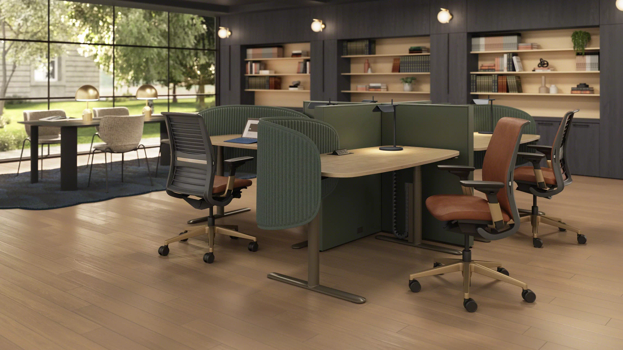 Open shared workspace with large windows and natural light